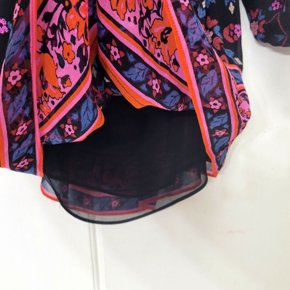 Joie Black Floral Cropped Silk Boho Peasant Blouse Top With Puff Sleeves Size M - Picture 6 of 7
